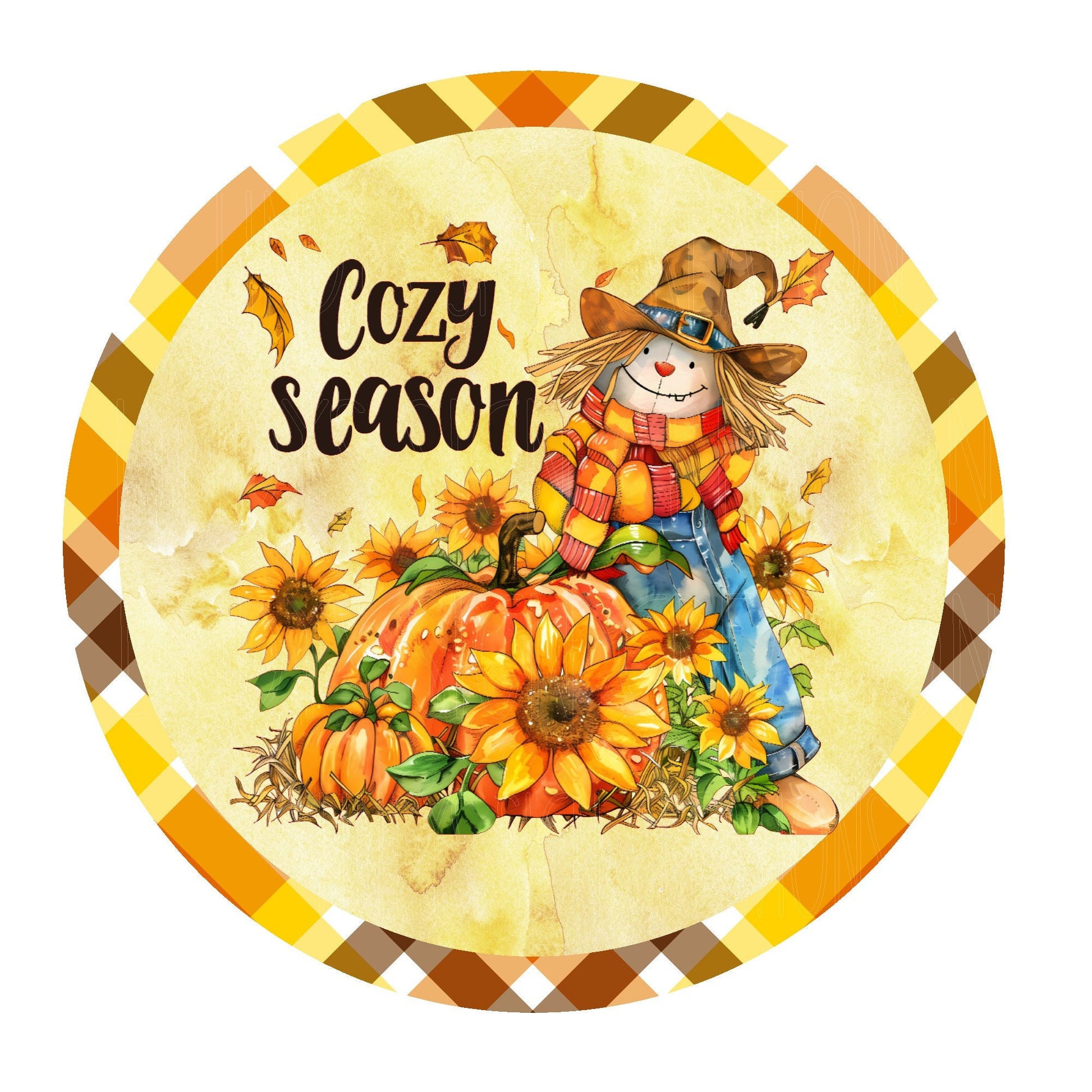 Scarecrow cozy season wreath sign, metal wreath sign, round wreath sign, door decor, Lindys sign creations