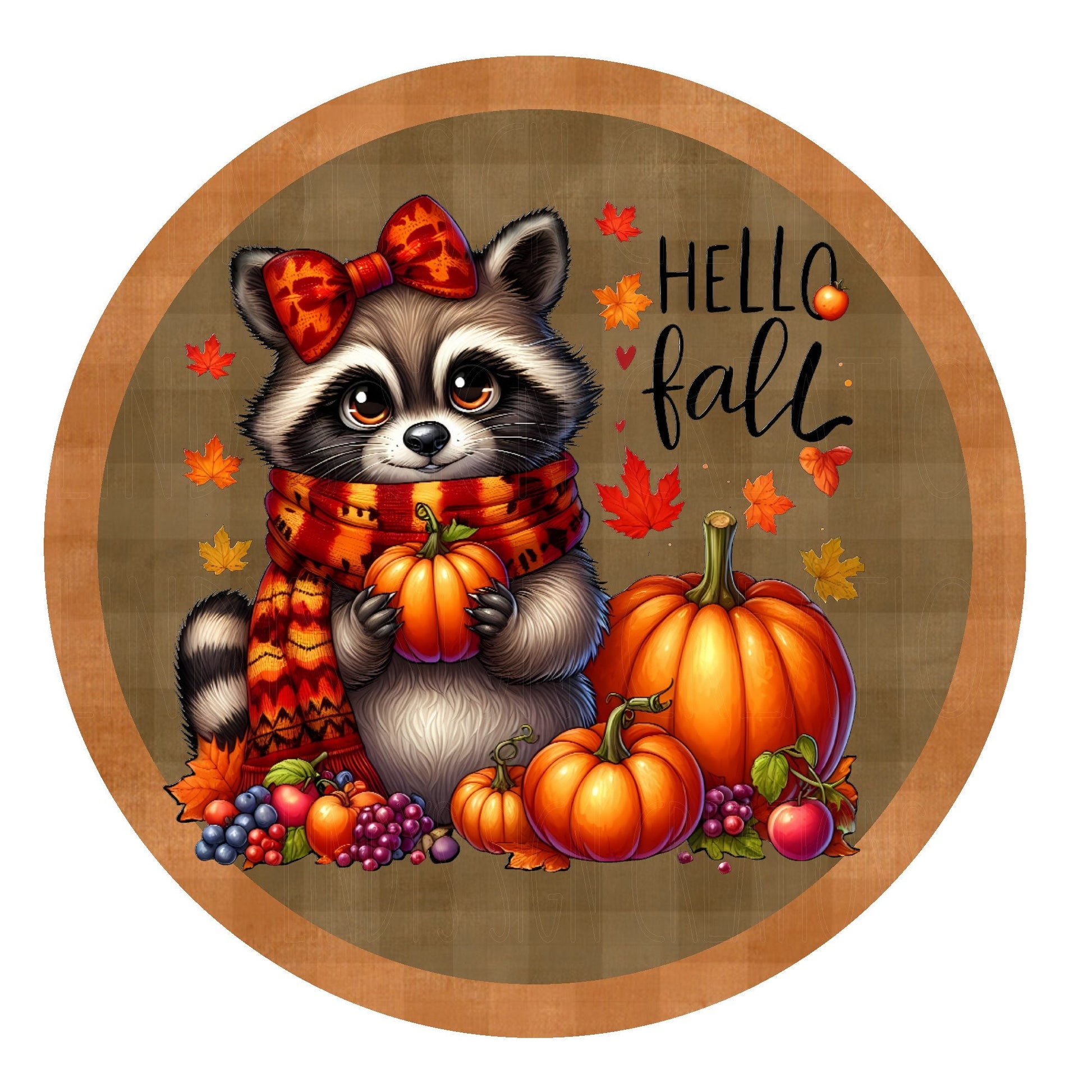 Hello fall racoon wreath sign, metal wreath sign, round wreath sign, door decor, Lindys sign creations