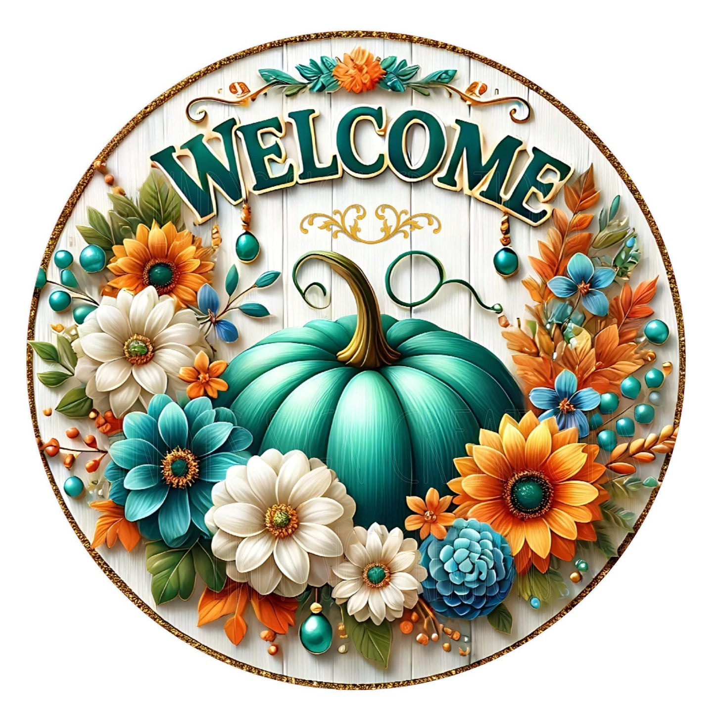 Teal pumpkin with flowers welcome wreath sign, metal wreath sign, round wreath sign, door decor, Lindys sign creations