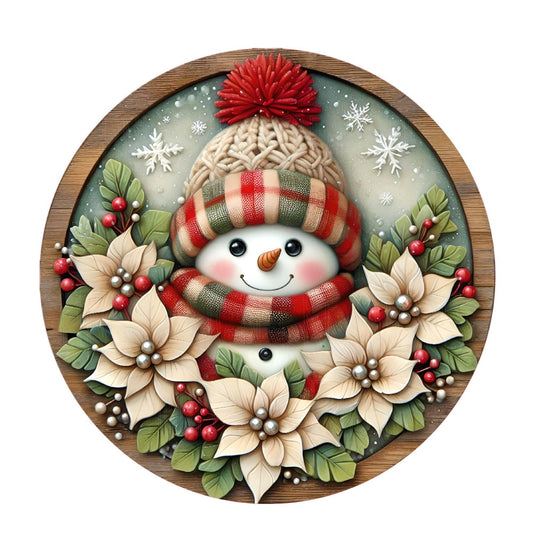 Snowman with ivory poinsettias wreath sign, metal wreath sign, winter wreath sign, round wreath sign, door decor, Lindys sign creations