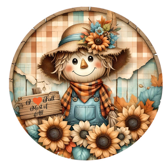 I love fall most of all scarecrow wreath sign, metal wreath sign, round wreath sign, door decor, Lindys sign creations