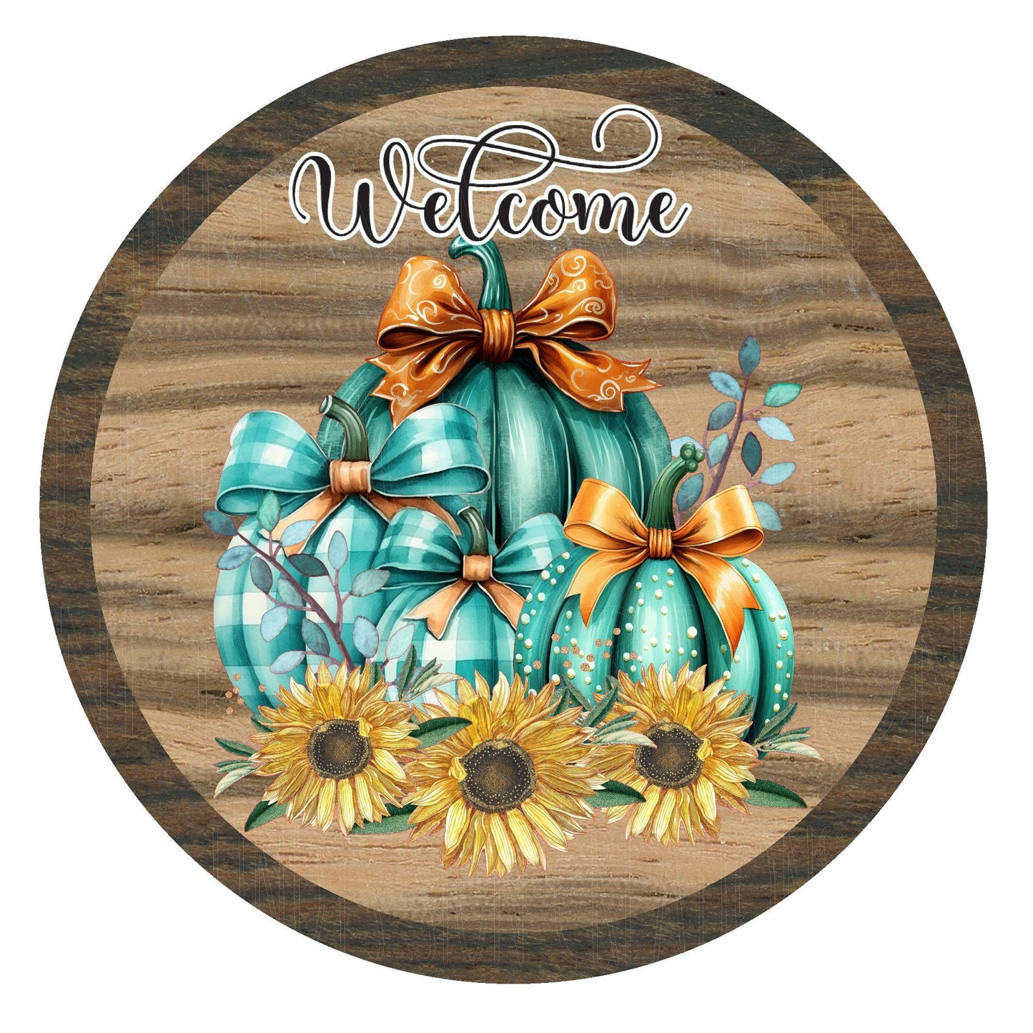 Teal welcome pumpkins fall wreath sign, metal wreath sign, sunflowers sign, door decor, round wreath sign, Lindys sign creations