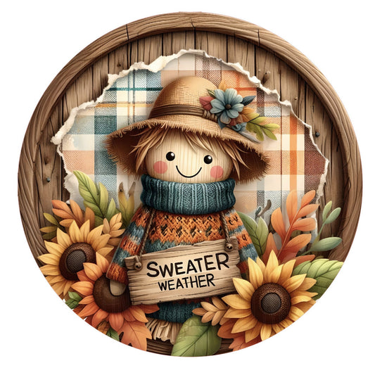 Scarecrow sweater weather fall wreath sign, round wreath sign, metal wreath sign, door decor, Lindys sign creations