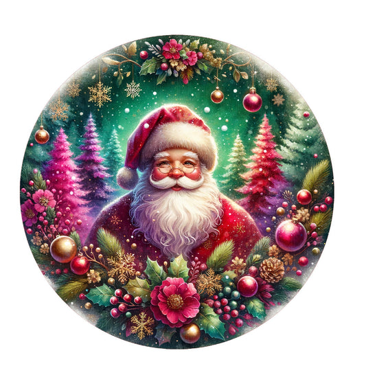 Santa with pink trees wreath sign, metal wreath sign, round wreath sign, Christmas sign, Lindys sign creations