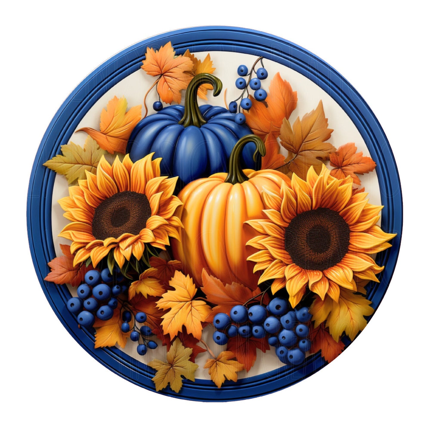 Blue pumpkin and sunflowers wreath sign, metal wreath sign, round wreath sign, door decor, Lindys sign creations