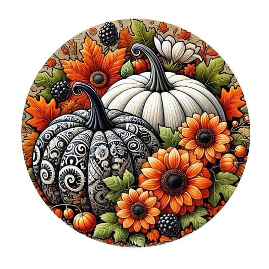 Paisley and ivory fall pumpkin wreath sign, metal wreath sign, round wreath sign, door decor, Lindys sign creations