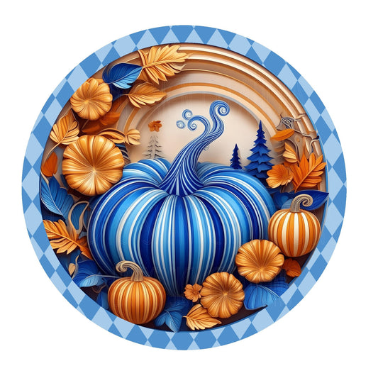 Blue and orange striped pumpkins wreath sign, metal wreath sign, round wreath sign, door decor, Lindys sign creations