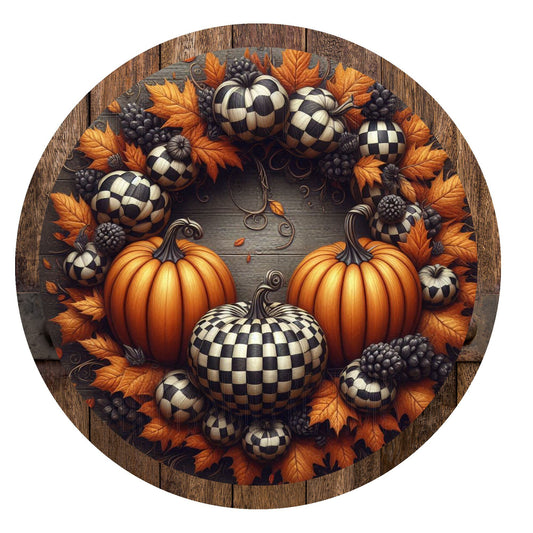 Fall checkered pumpkin wreath sign, metal wreath sign, round wreath sign, door decor, Lindys sign creations