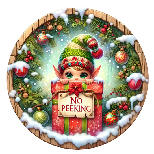 Elf no peeking Christmas wreath sign, metal wreath sign, round wreath sign, door decor, Lindys sign creations