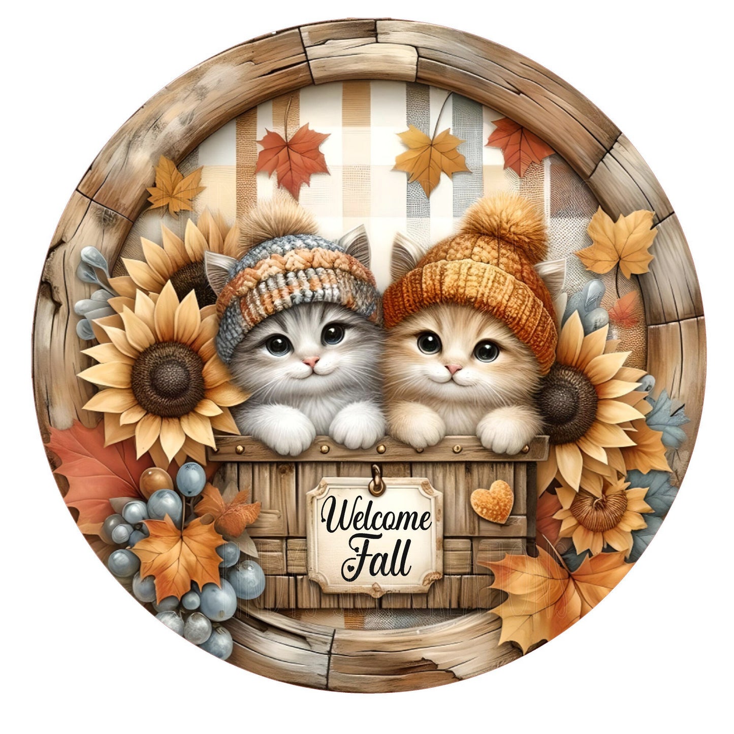 Cute kitties welcome fall wreath sign, metal wreath sign, round wreath sign, fall decor, front door decor, Lindys sign creations