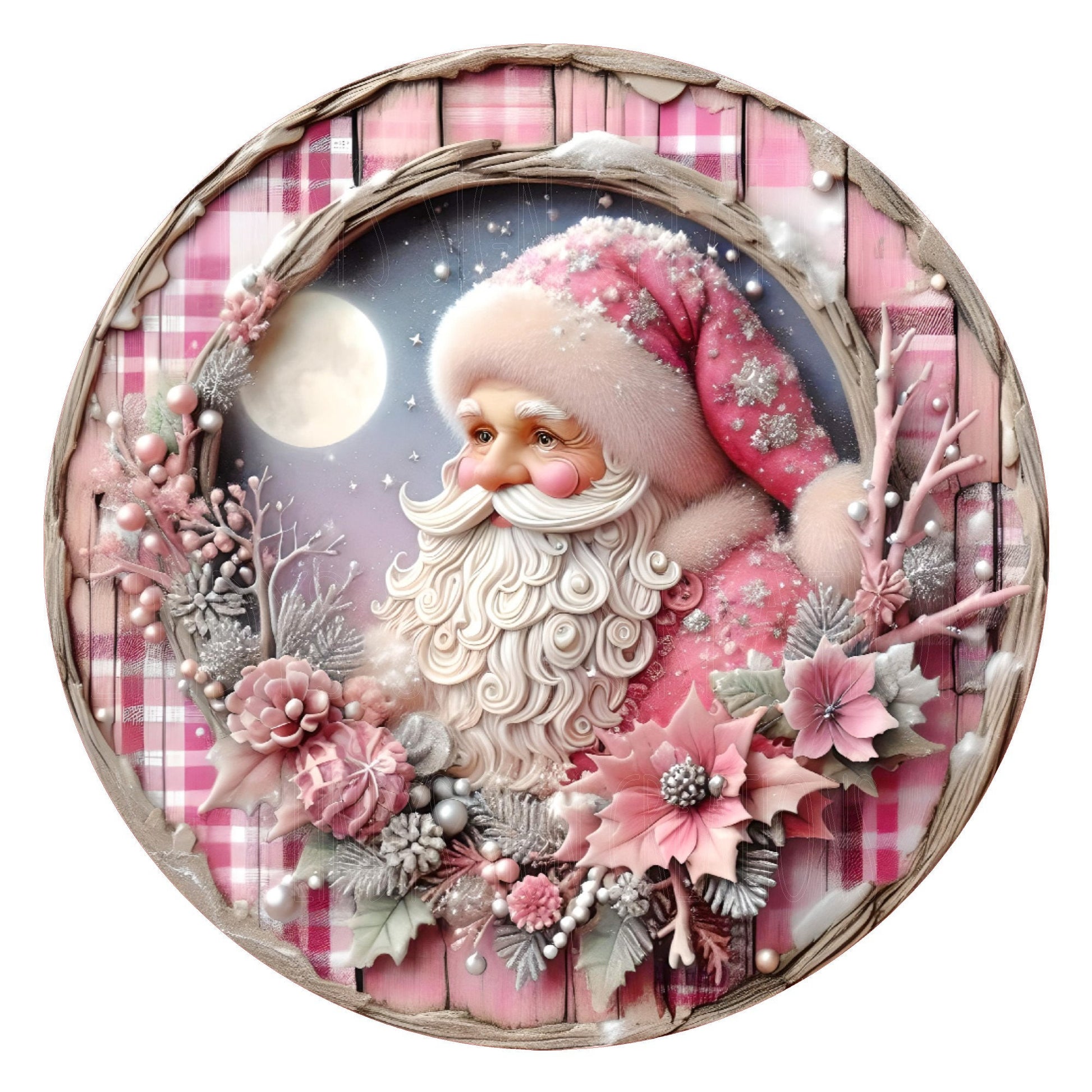 Old world Santa wreath sign, metal wreath sign, pink Santa sign, round wreath sign, door decor, Lindys sign creations