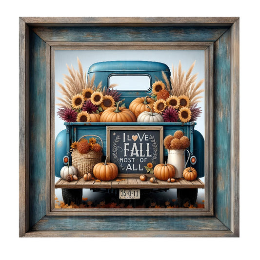 Blue truck I love fall most of all wreath sign, 10x10 wreath sign, metal wreath sign, door decor, Lindys sign creations