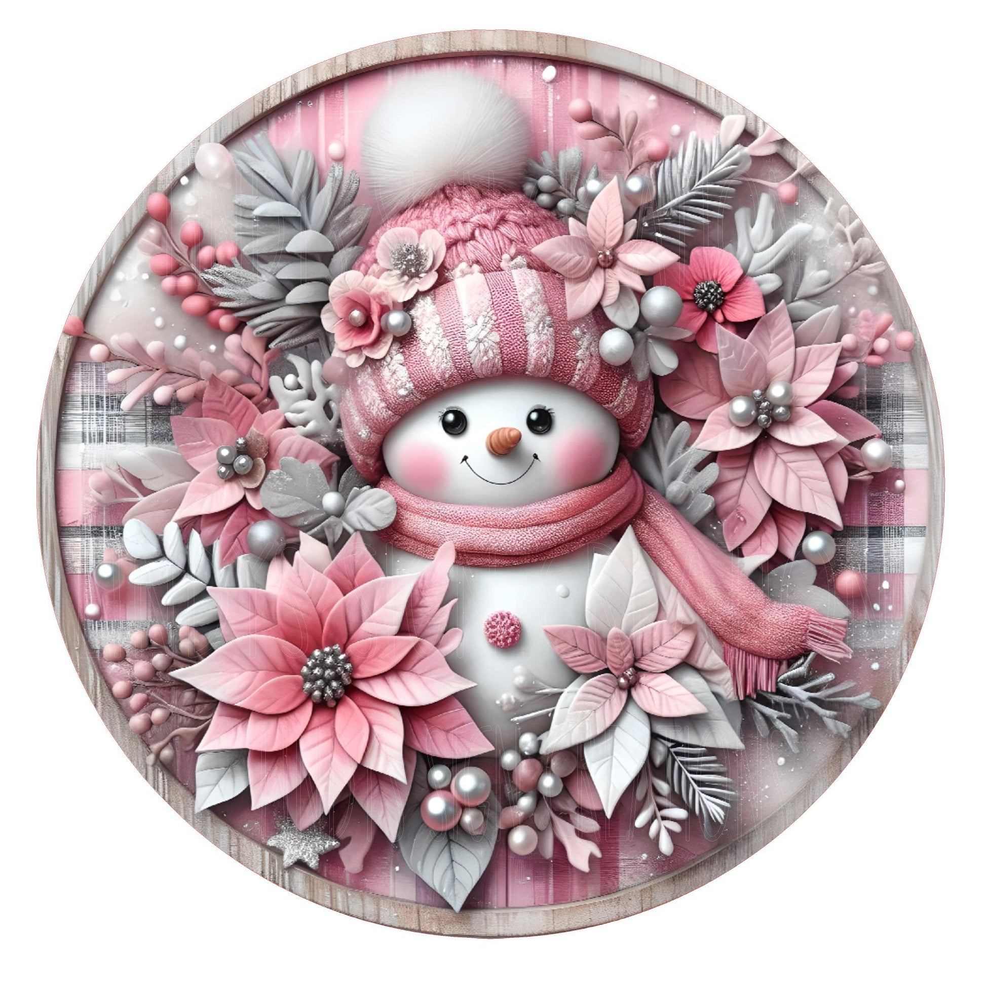 Pink and silver snowman wreath sign, metal wreath sign, round wreath sign, door decor, Lindys sign creations