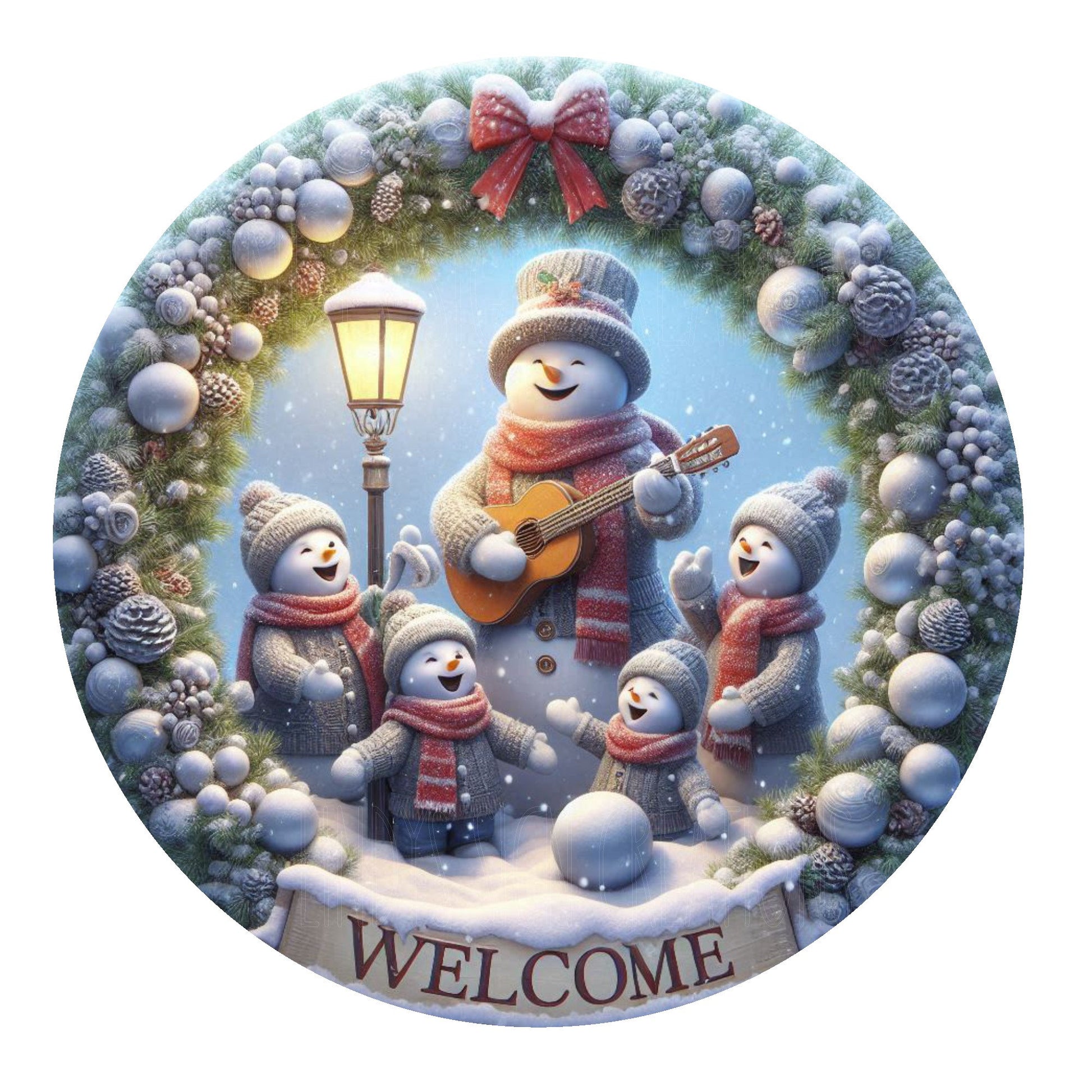 Singing snowman family wreath sign, winter wreath sign, welcome sign, metal wreath sign, door decor, round sign, Lindys sign creations