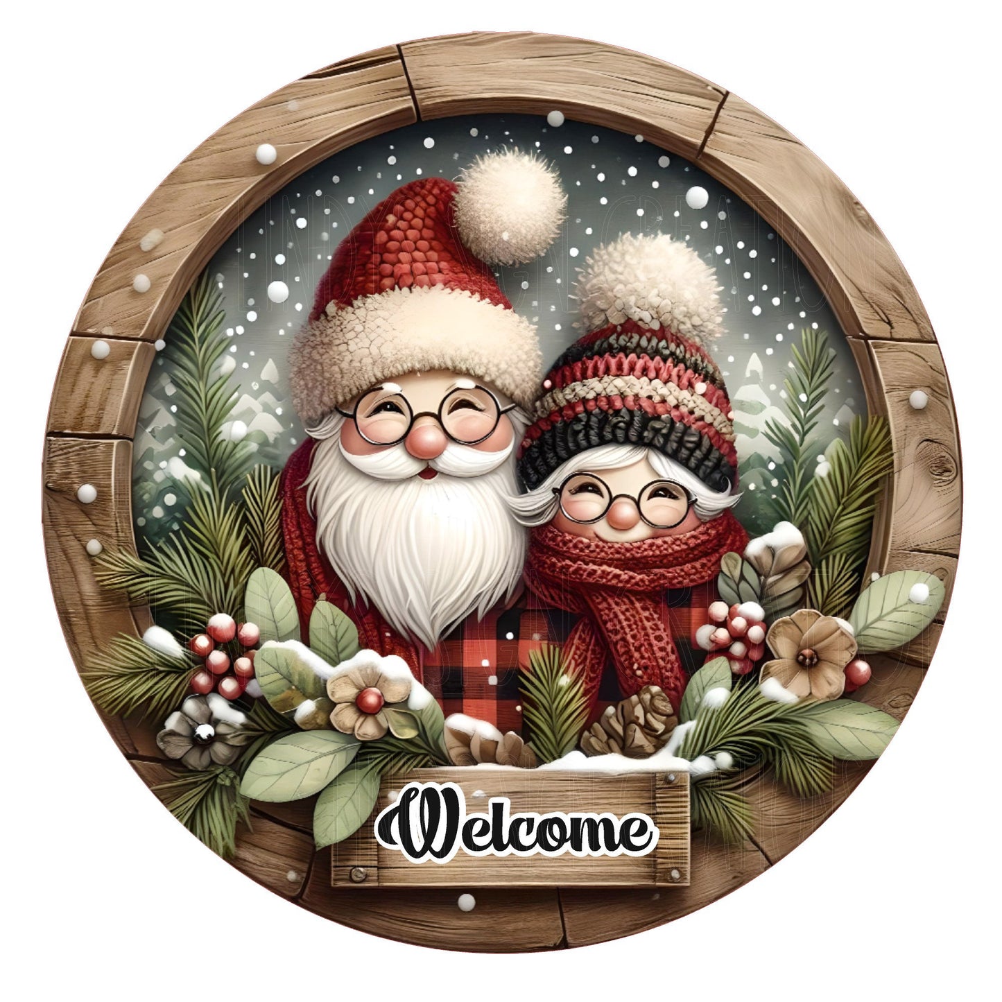 Mr. and Mrs. Santa Claus welcome wreath sign, metal wreath sign, round wreath sign, door decor, Lindys sign creations