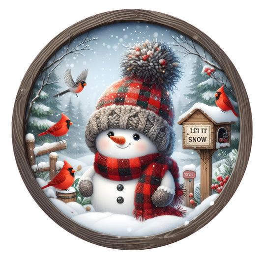 Snowman with cardinals let it snow wreath sign, metal wreath sign, round wreath sign, door decor, Lindys sign creations