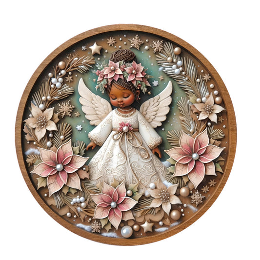 African American Christmas angel with poinsettias, metal wreath sign, round wreath sign, door decor, Lindys sign creations