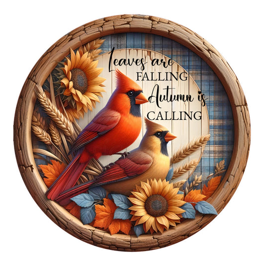 Cardinal pair leaves falling autumn calling wreath sign, metal wreath sign, round wreath sign, door decor, Lindys sign creations