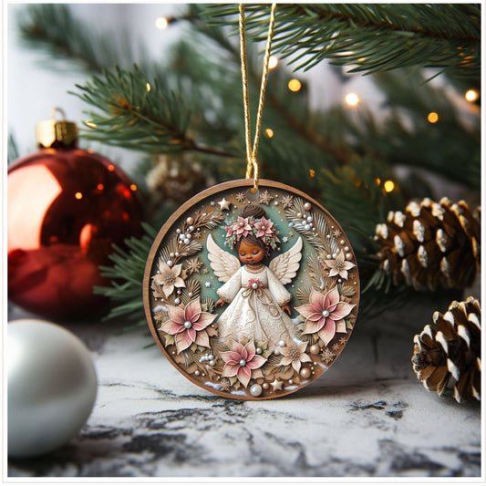 African/American Christmas angel ceramic ornament, Christmas tree ornament, round ornament, angel ornament, Lindys sign creations