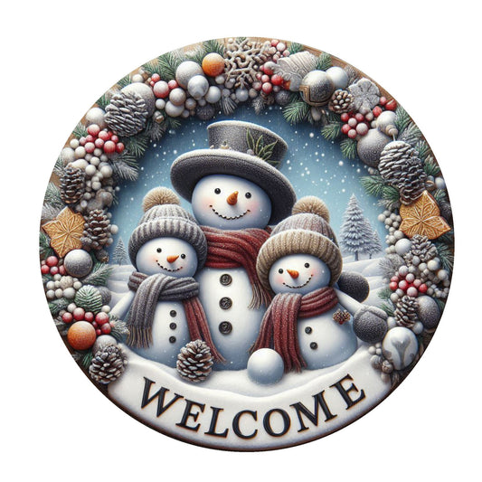 Snowman family welcome wreath sign, metal wreath sign, round wreath sign, door decor, Lindys sign creations