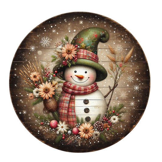 Primitive snowman with green hat wreath sign, metal wreath sign, round wreath sign, door decor, Lindys sign creations