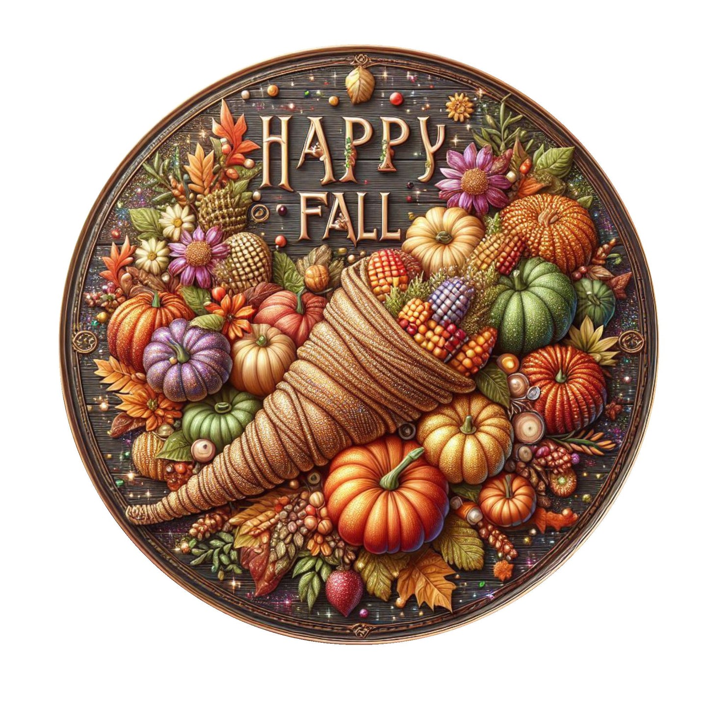 Happy fall cornucopia wreath sign, metal wreath sign, fall wreath sign, round sign, door decor, Lindys sign creations