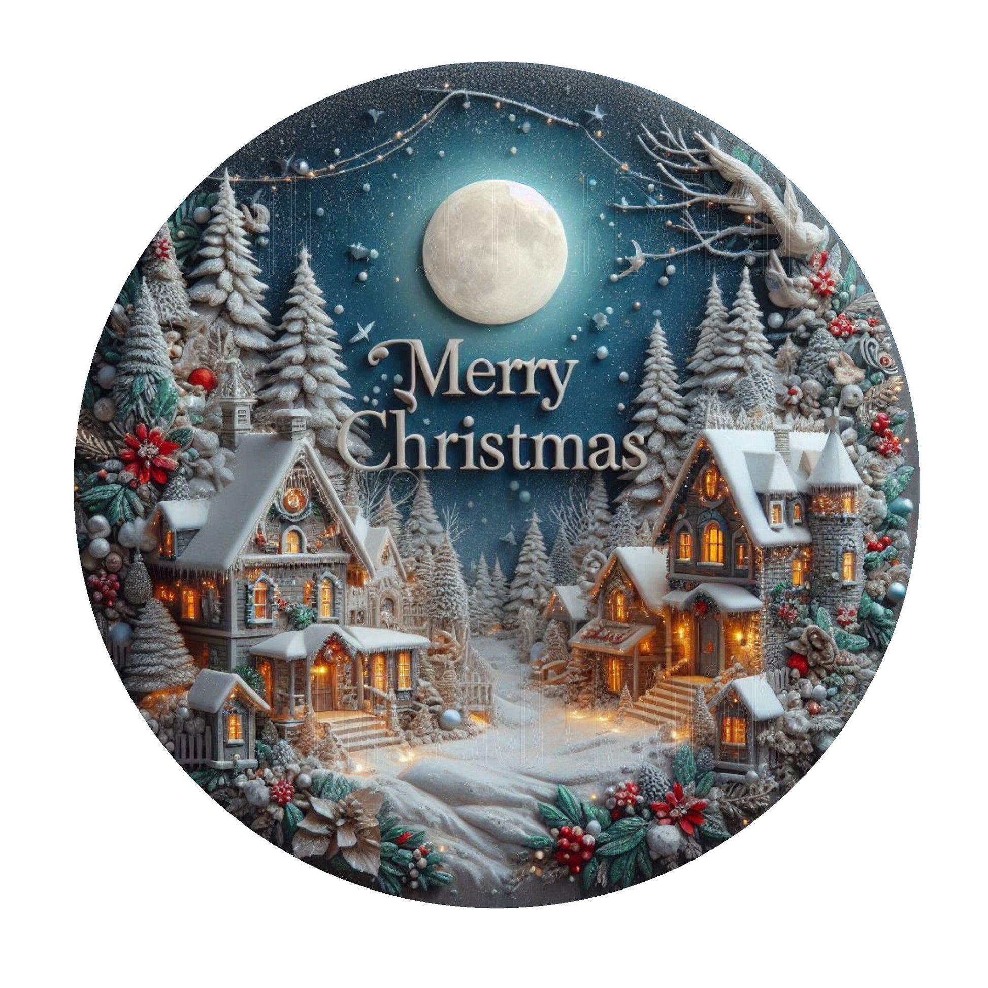 Merry Christmas winter village wreath sign, metal wreath sign, round sign, Christmas decor, door, decor, Lindys sign creations