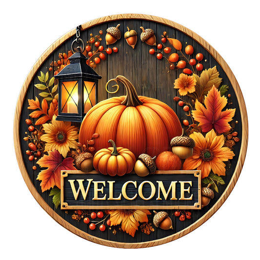 Fall welcome with pumpkins and lantern wreath sign, metal wreath sign, round wreath sign, door decor, Lindys sign creations