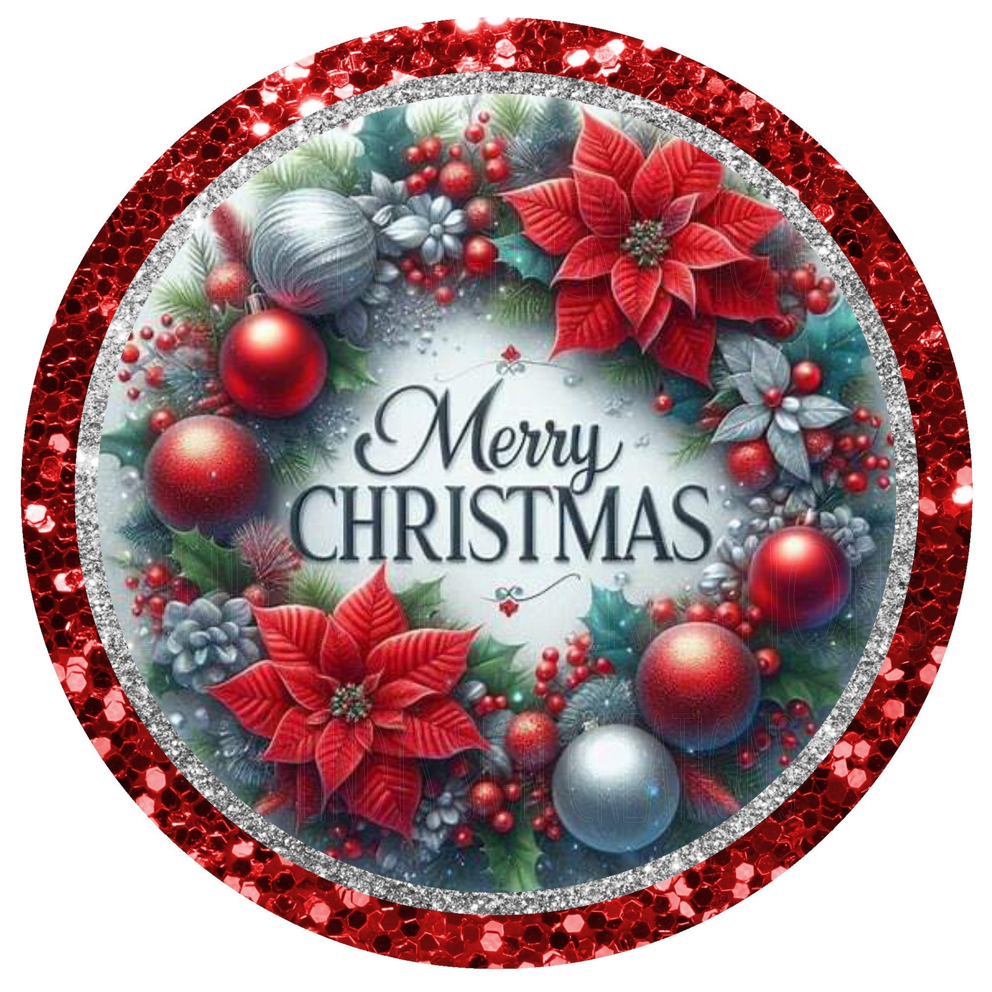 Merry Christmas poinsettia and ornaments wreath sign, metal wreath sign, round wreath sign, door decor, Lindys sign creations