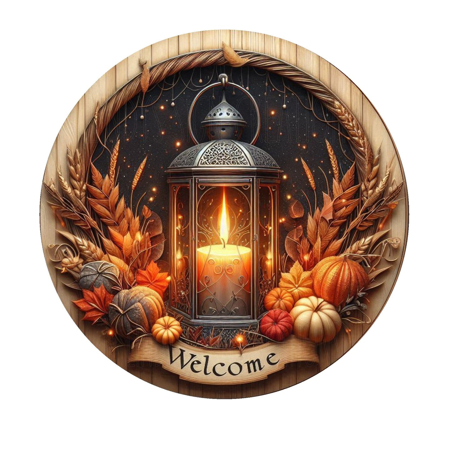 Fall welcome lantern with candle wreath sign, metal wreath sign, door decor, round wreath sign, Lindys sign creations