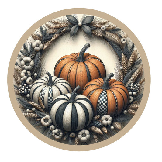 Striped black and white/orange pumpkin wreath sign, metal wreath sign, round wreath sign, door decor, Lindys sign creations