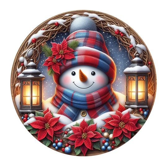 Snowman with plaid scarf and lanterns wreath sign, metal wreath sign, round wreath sign, door decor, Lindys sign creations