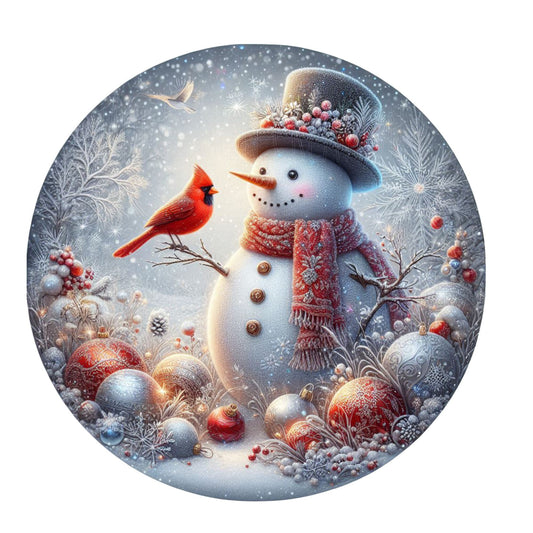 Snowman with cardinal wreath sign, metal wreath sign, round wreath sign, door decor, Lindys sign creations