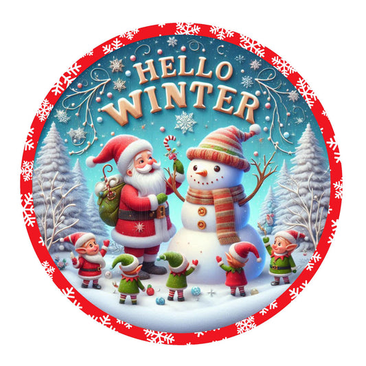 Santa and snowman hello winter wreath sign, metal wreath sign, round wreath sign, door decor, Lindys sign creations