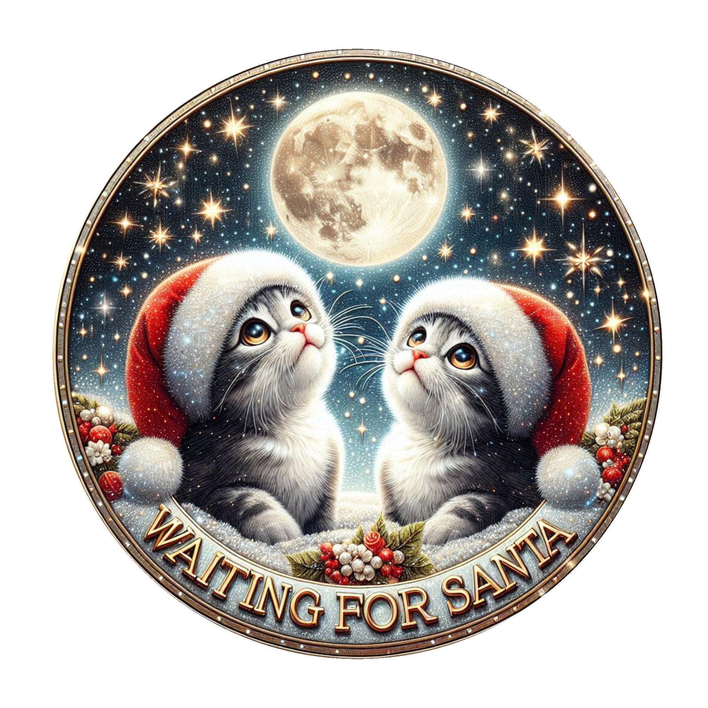 Cute kitties waiting for Santa wreath sign, metal wreath sign, round wreath sign, Christmas sign, Lindys sign creations