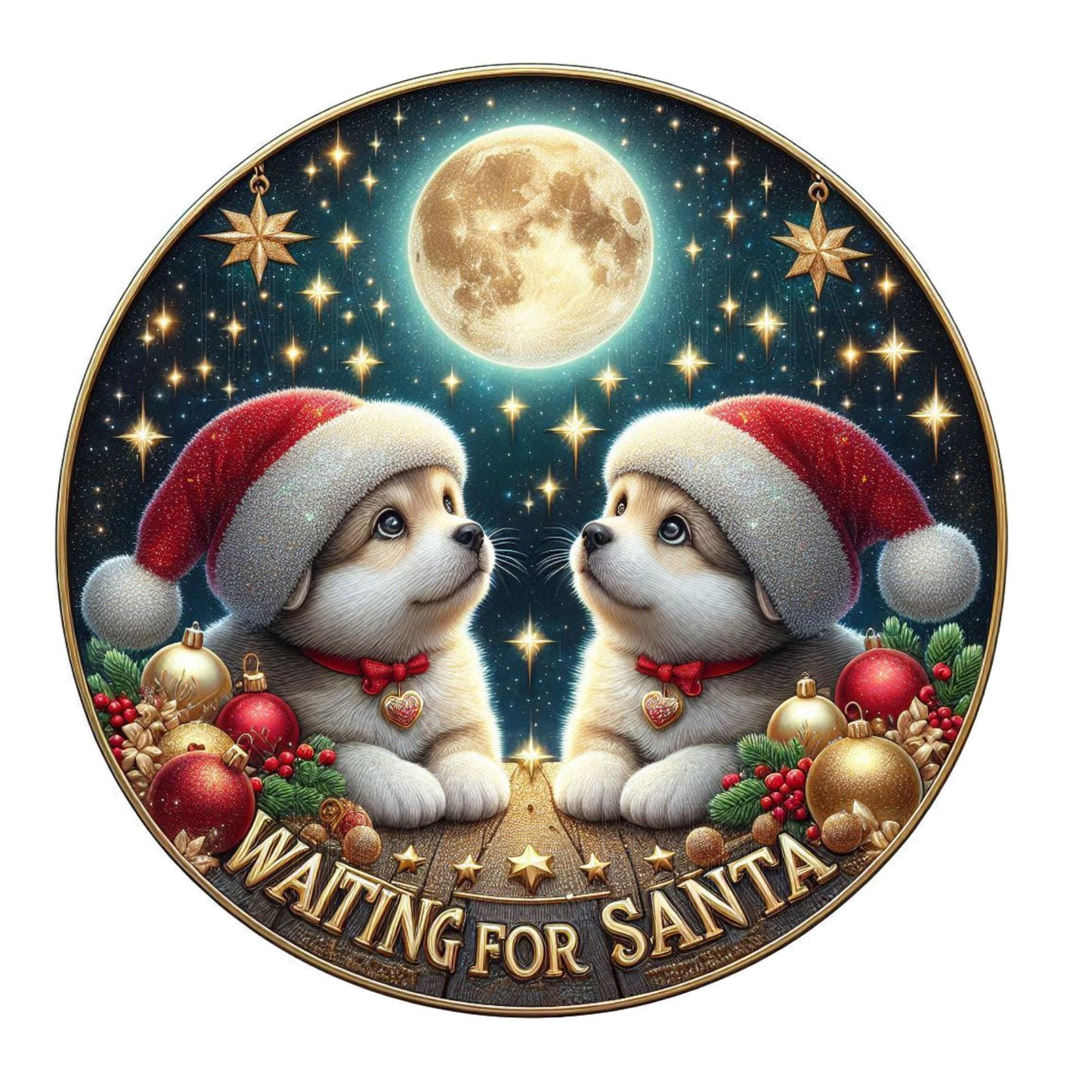 Cute puppies waiting for Santa wreath sign, metal wreath sign, round wreath sign, door decor, Christmas sign, Lindys sign creations