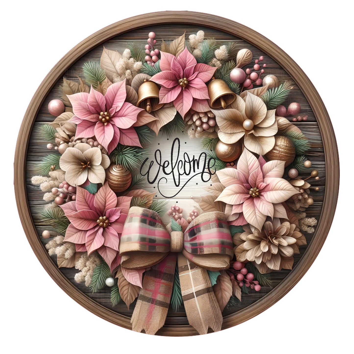 Pink and ivory poinsettia welcome wreath sign, metal wreath sign, round wreath sign, door decor, Lindys sign creations