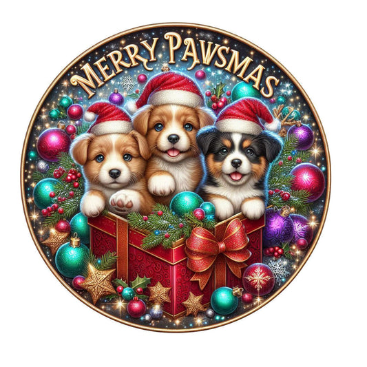 Puppies merry pawsmas Christmas wreath sign, metal wreath sign, round wreath sign, door decor, Lindys sign creations