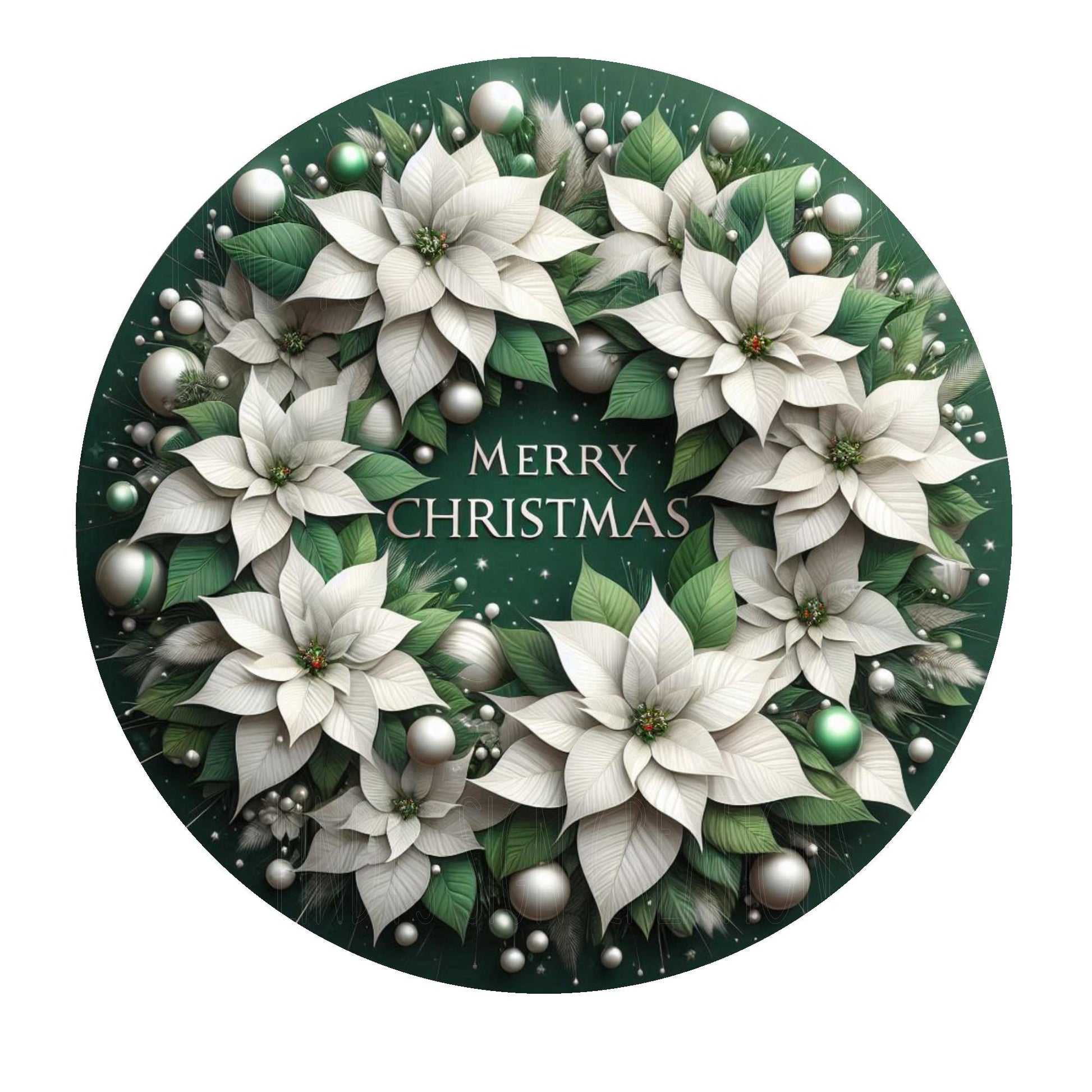 Green and white Christmas wreath sign, metal wreath sign, round wreath sign, door decor, white poinsettia wreath sign, Lindys sign creations