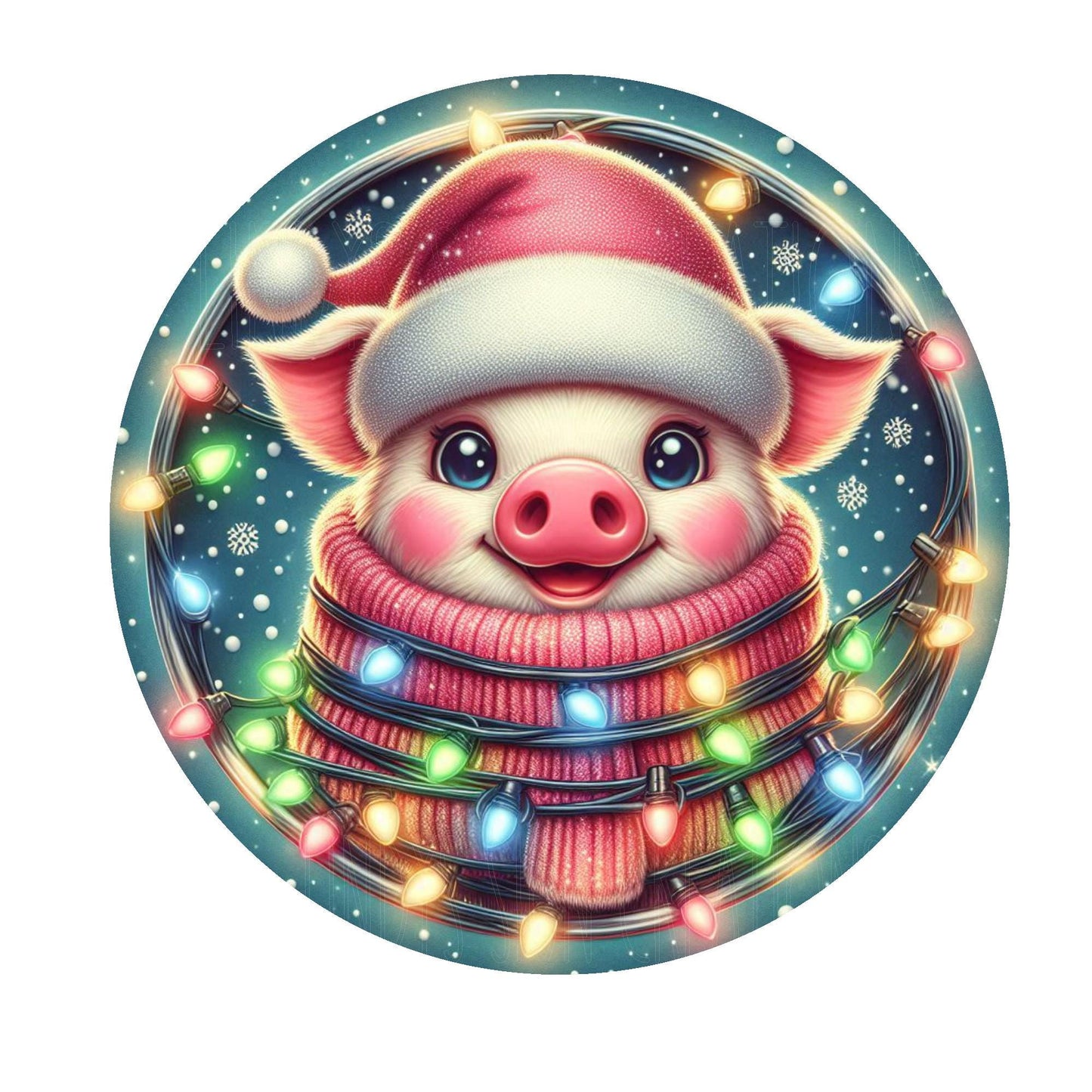 Pig wrapped in Christmas lights wreath sign, metal wreath sign, round wreath sign, door decor, Lindys sign creations