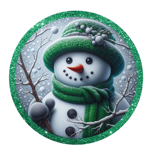 Green and white snowman winter wreath sign, metal wreath sign, round wreath sign, door decor, Lindys sign creations