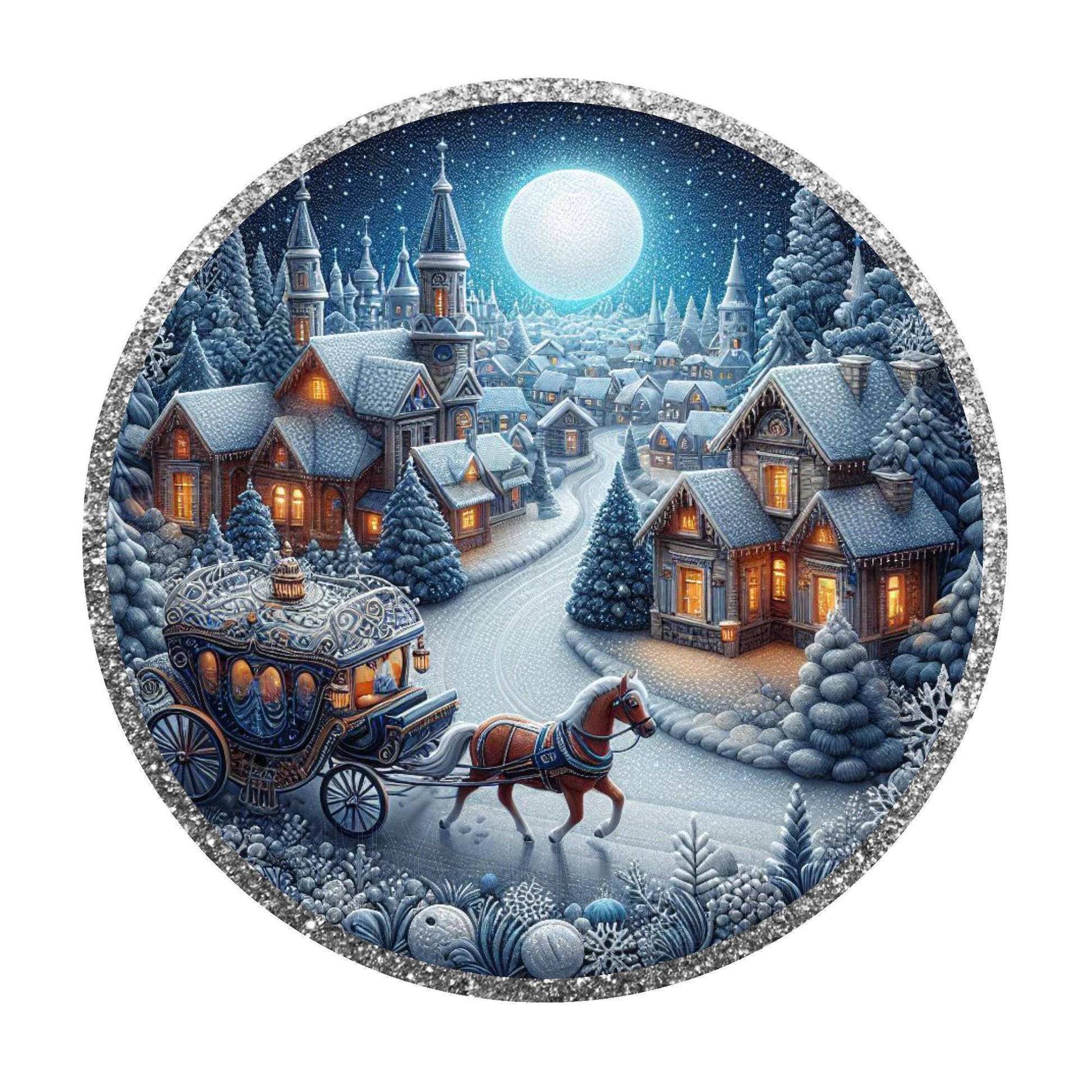 Winter village with horse and carriage wreath sign, metal wreath sign, round wreath sign, door decor, Lindys sign creations