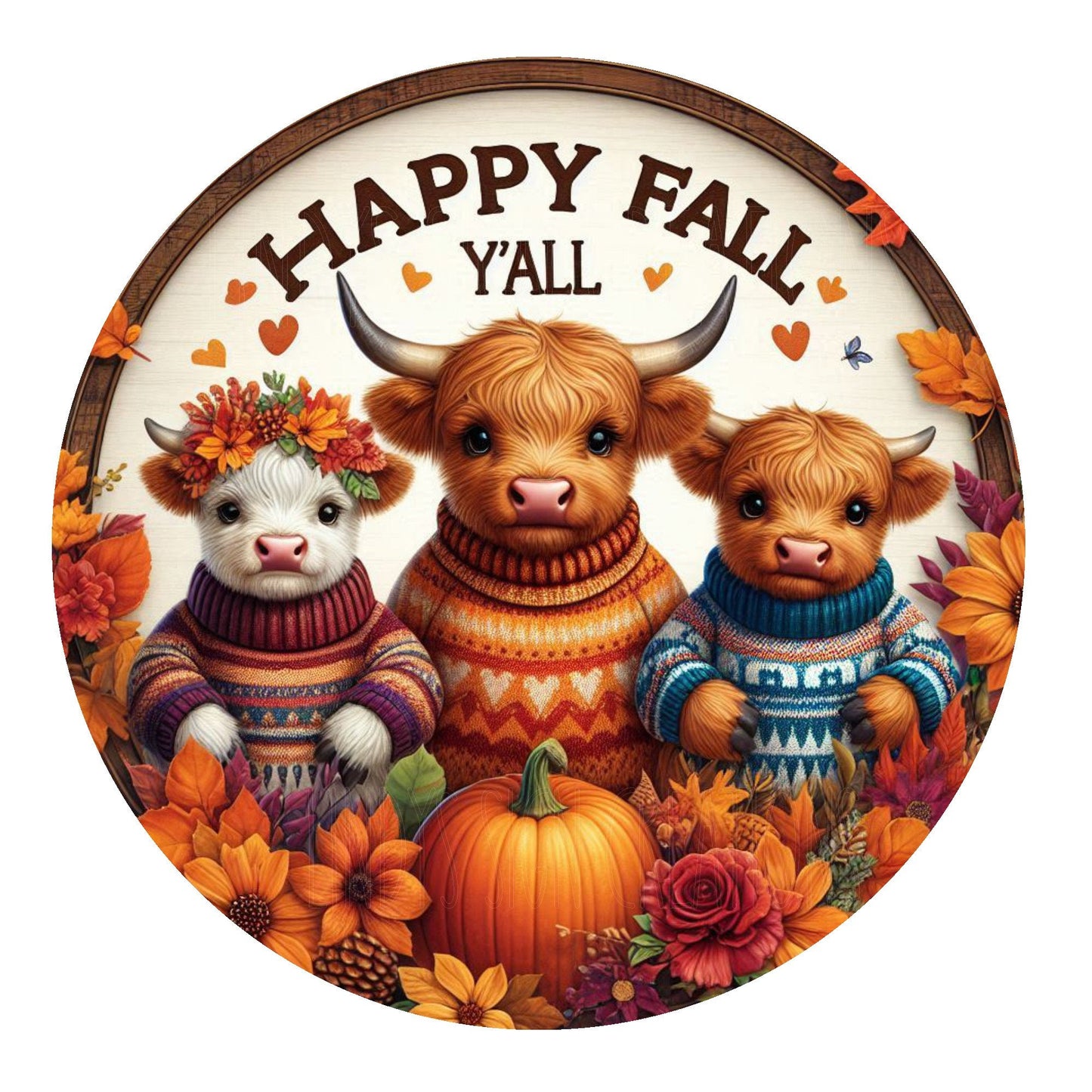 Highland cows happy fall y'all wreath sign, metal wreath sign, round wreath sign, door decor, Lindys sign creations