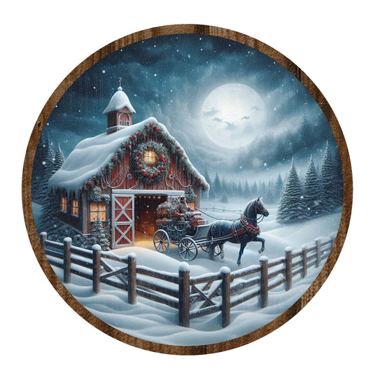 Horse and carriage winter wreath sign, metal wreath sign, door decor, round wreath sign, holiday wreath sign, Lindys sign creations