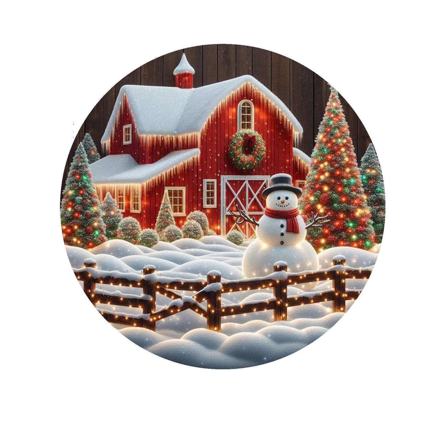 Red Christmas barn with snowman wreath sign, metal wreath sign, round wreath sign, Lindys sign creations