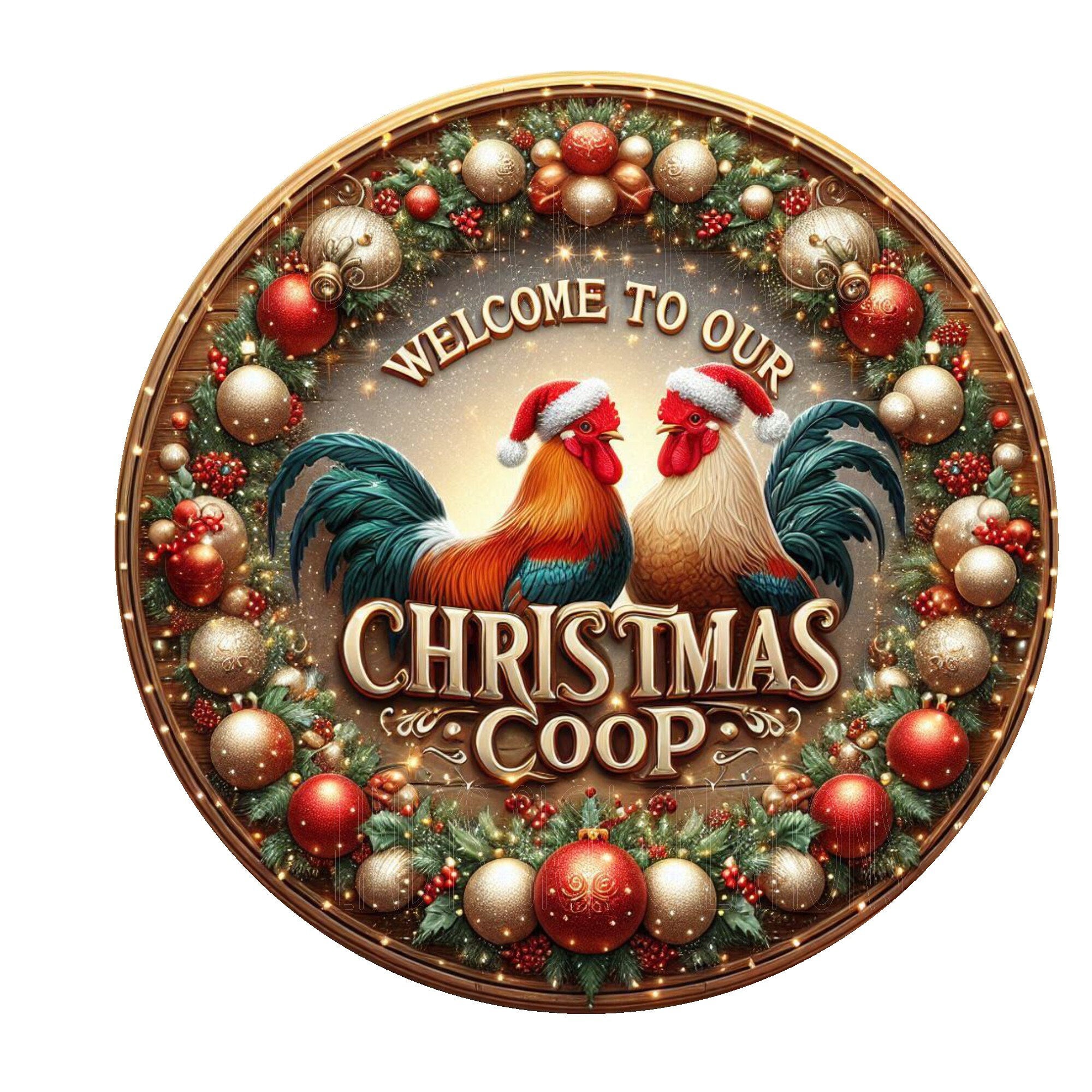 Welcome to our Christmas coop wreath sign, metal wreath sign, rooster ...