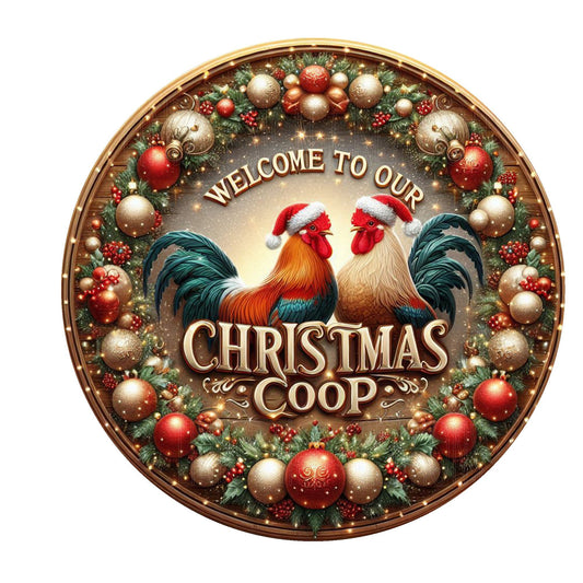 Welcome to our Christmas coop wreath sign, metal wreath sign, rooster sign, round wreath sign, door decor, Lindys sign creations