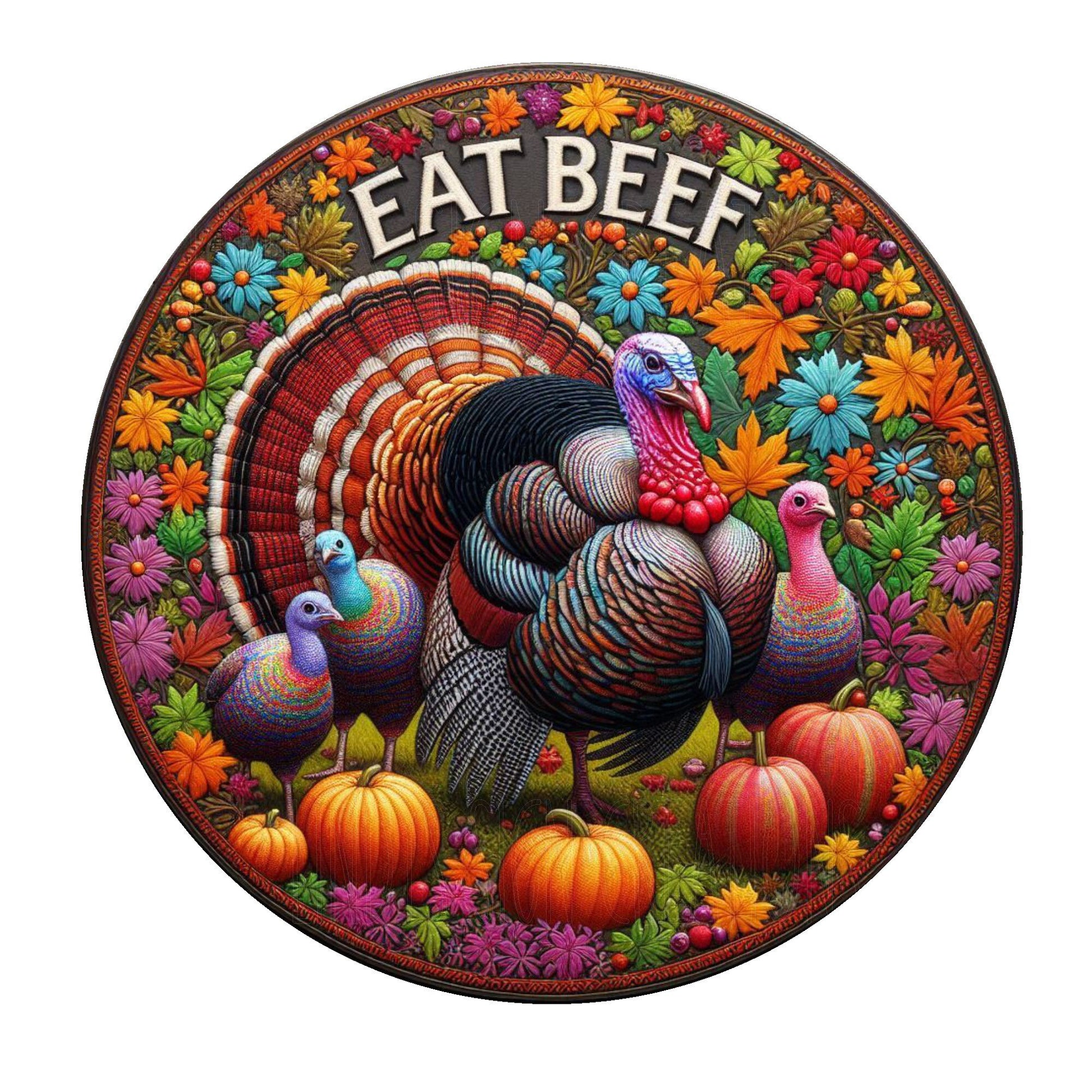 Turkey eat beef Thanksgiving wreath sign, metal wreath sign, round wreath sign, door decor, Lindys sign creations