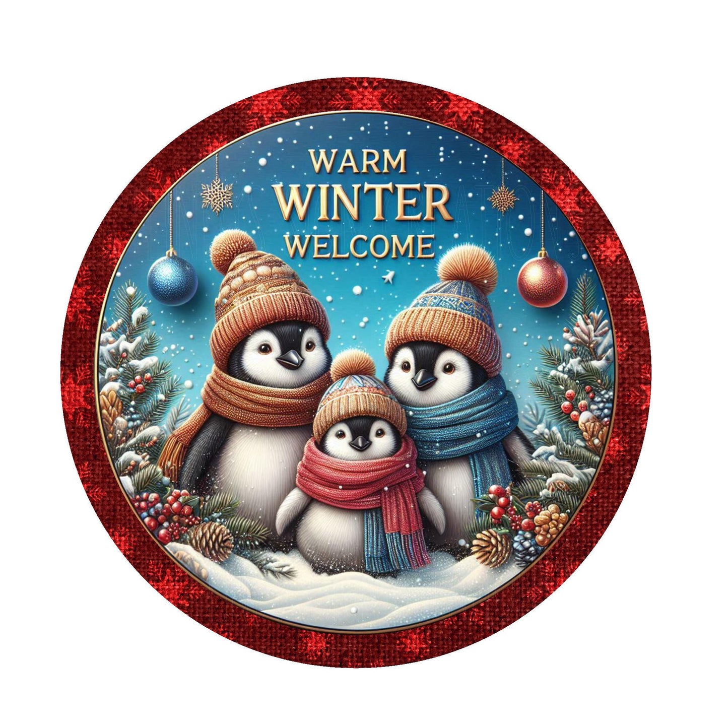 Penguin family warm winter welcome wreath sign, metal wreath sign, round wreath sign, door decor, Lindys sign creations