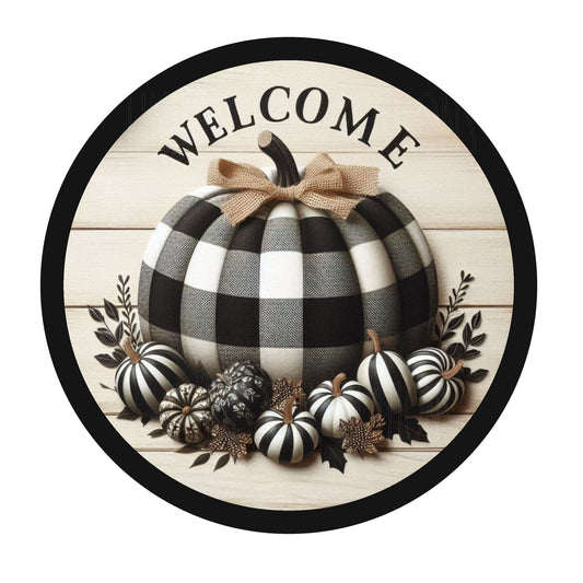 Welcome black and white buffalo plaid wreath sign, metal wreath sign, round wreath sign, door decor, Lindys sign creations